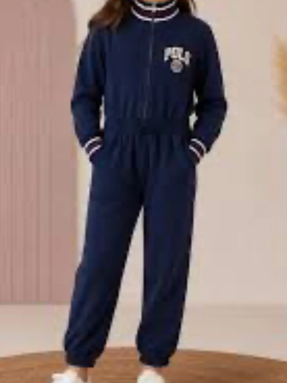 Ralph Lauren Navy Girls Long Sleeve Jumpsuit with Stripe Trim